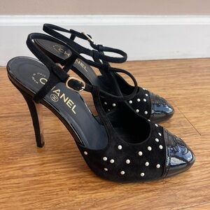 Chanel Black Satin Pearl Embellished CC Pumps
